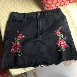black denim skirt with embroidery roses